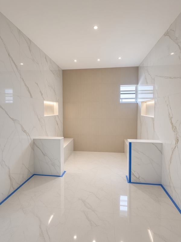 Frameless Shower · Gold Hardware — Before