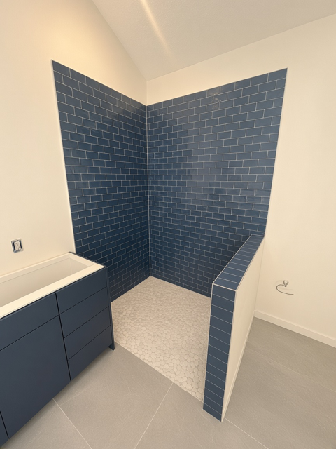 Frameless Shower · Blue Subway Tile — Before