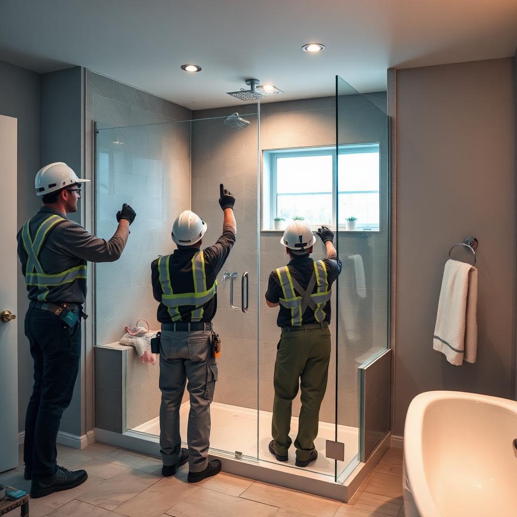 ReflectoGlass team installing a frameless shower door